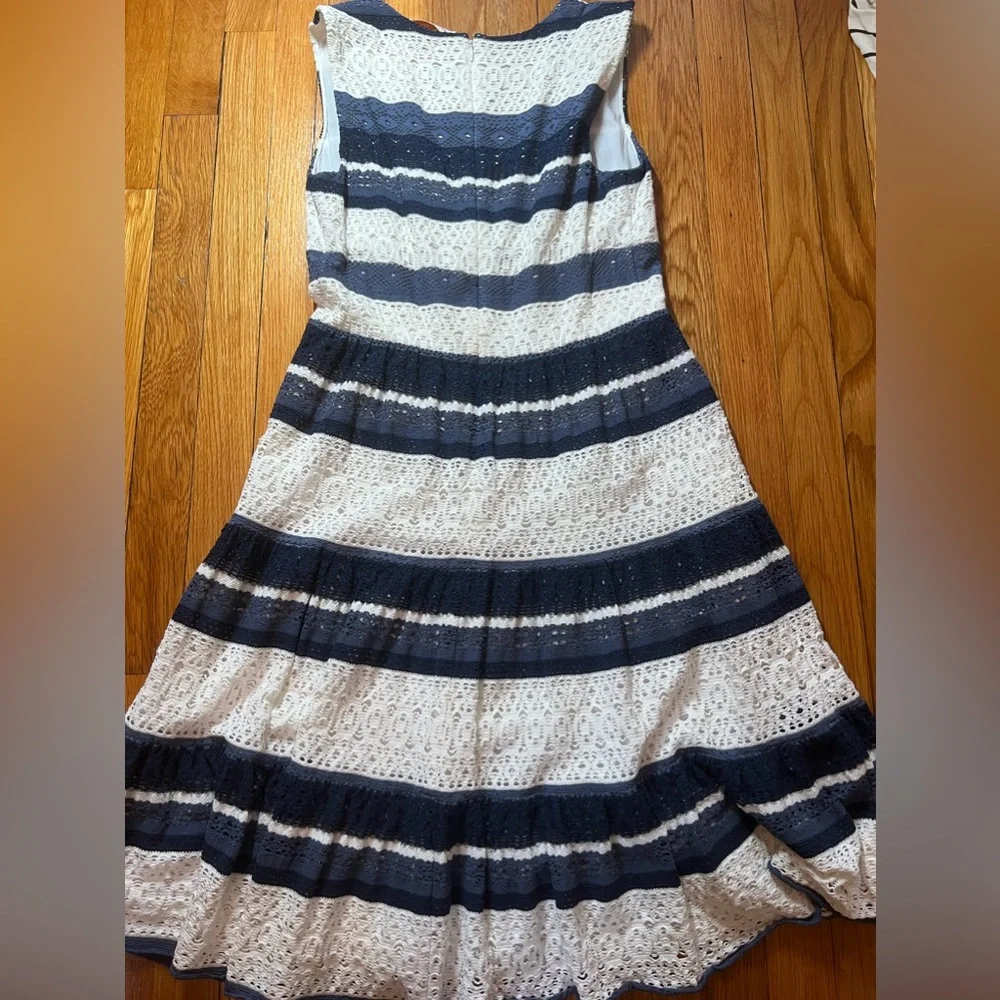 Tory Burch Navy and White Striped Lace Fit-and-Flare Dress